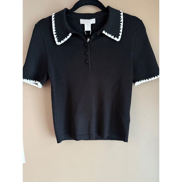 Caroline Constas Tops - Caroline Constas Black Ribbed Knit Polo Top‎ White Ric Rac Trim Short Sleeve S